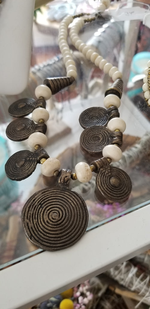 Necklace antique metal circles w ecru bead